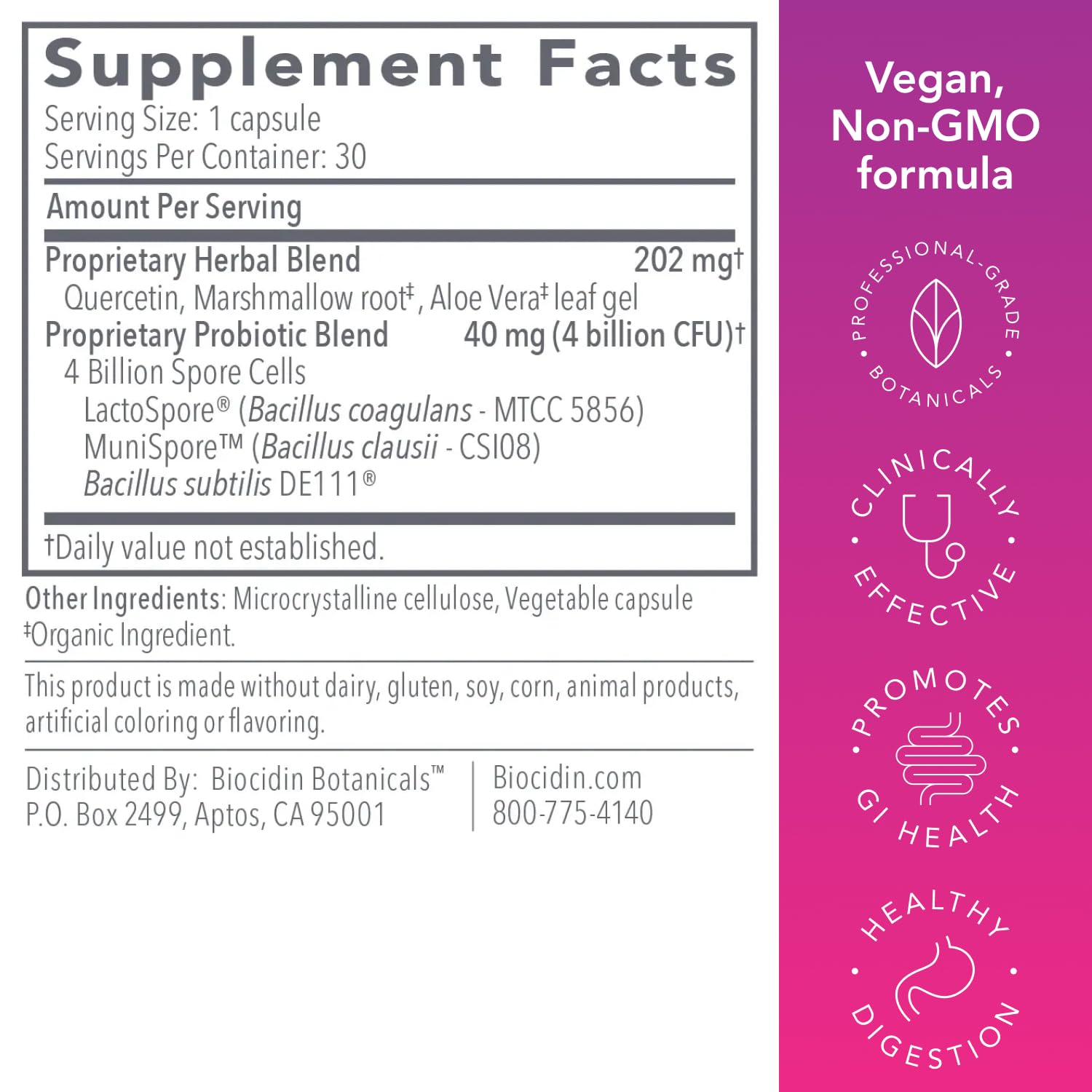 Biocidin Proflora 4R Spore Probiotic - Digestive Health Probiotics for Women & Men - Clinically Researched Bacillus Strains & Organic Aloe, Marshmallow Root for Gut Support (30 Vegan Capsules) Bio-Botanical ResearchBuy Supplements Australia