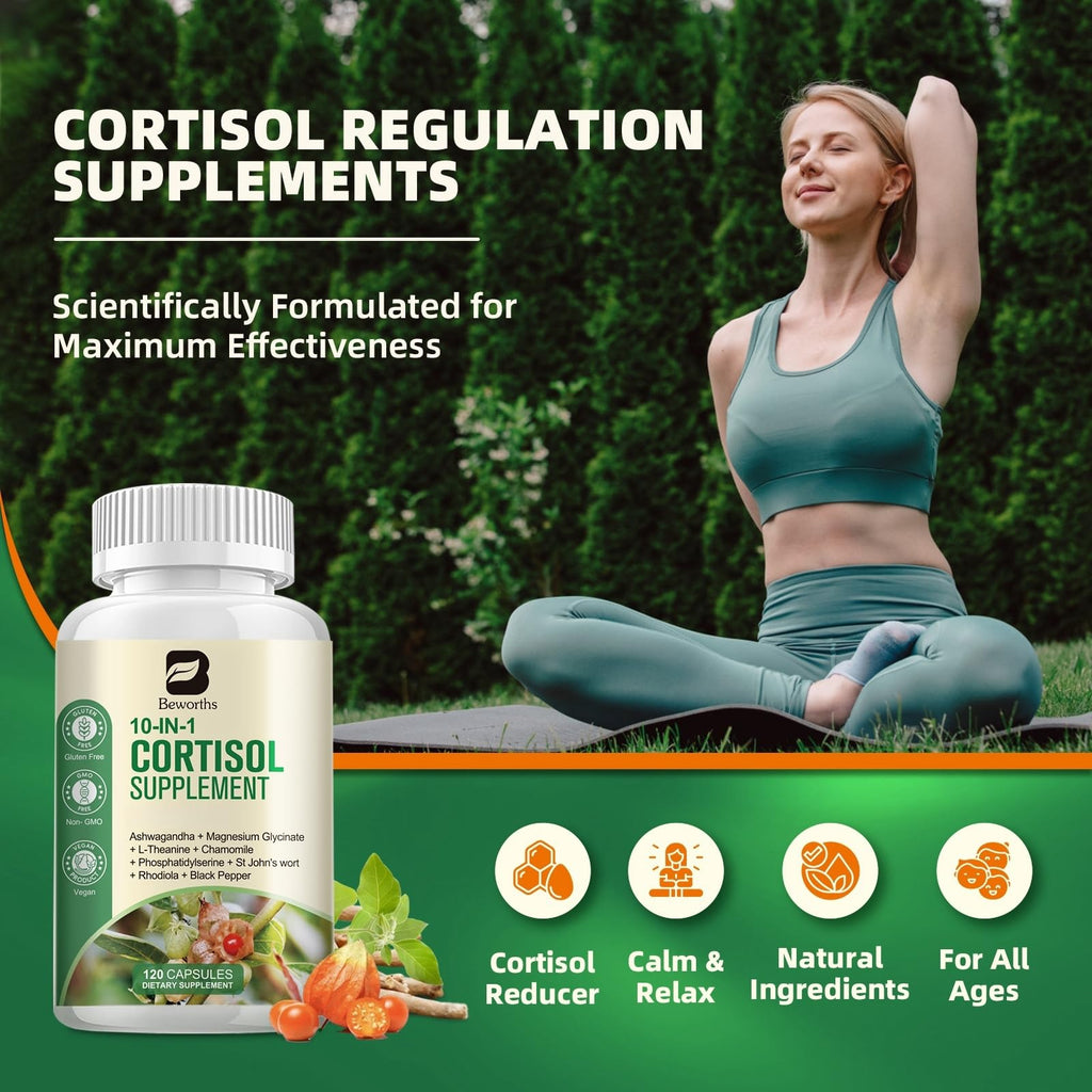 B BEWORTHS Cortisol Supplements for Women Men, 10-in-1 Cortisol Detox with Ashwagandha, Magnesium, L-Theanine, Balanced Cortisol Levels, Night & Calm Support, 120 Vegan Capsules B BEWORTHSBuy Supplements Australia
