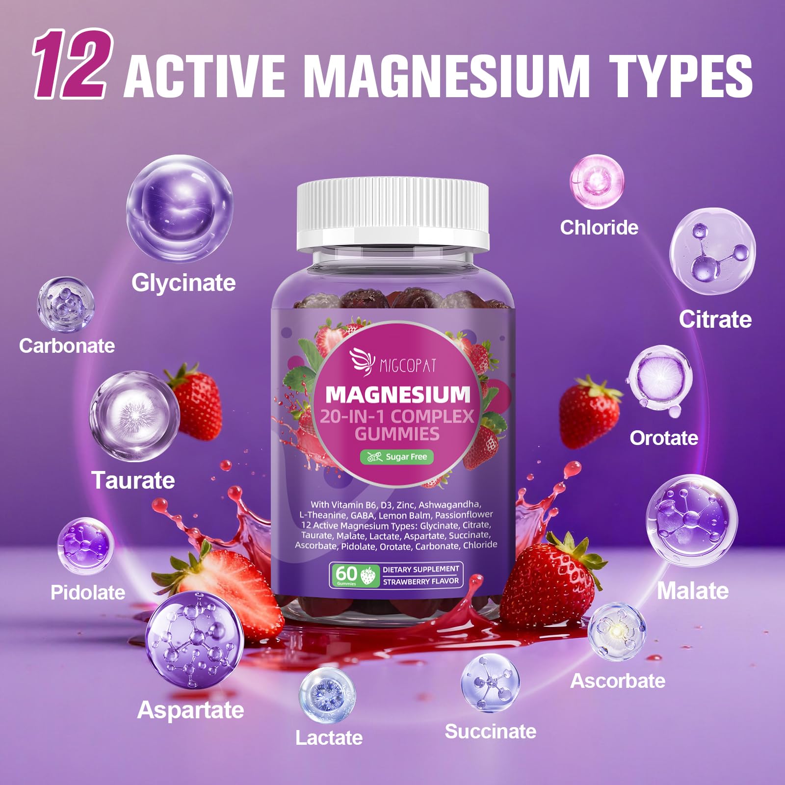 Migcopat Magnesium Complex Gummies, 20 in 1 Magnesium Gummy with Glycinate Citrate Malate Taurate - Ashwagandha, L-Theanine, D3&Zinc for Relaxation,