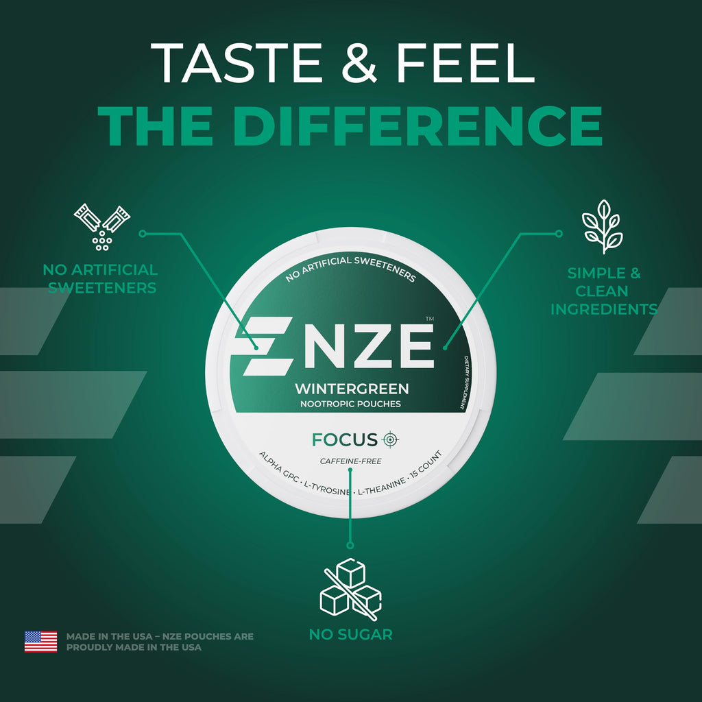 NZE Caffeine Free Nootropic Pouches (Wintergreen) - Nootropic Pouches with Alpha GPC, L-Tyrosine & L-Theanine - No Sugar or Artificial Sweeteners - 15 Pouches Per Can - 5 Pack NZEBuy Supplements Australia