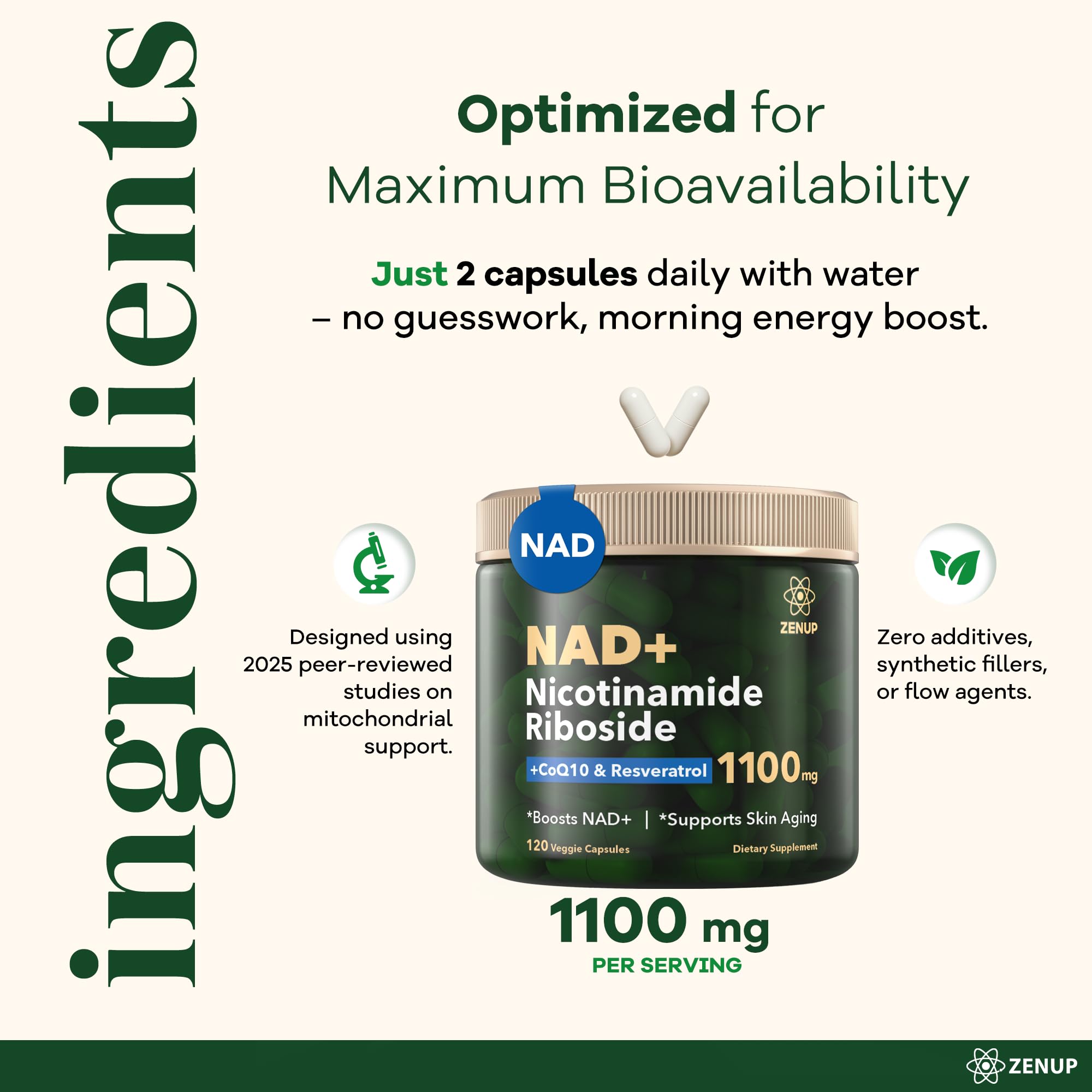 ZenUP NAD+ Supplement | 1100mg Liposomal Nicotinamide Riboside with Resveratrol & Quercetin | Anti-Aging, Cellular Energy, Mental Focus | 120 Caps ZenUPBuy Supplements Australia
