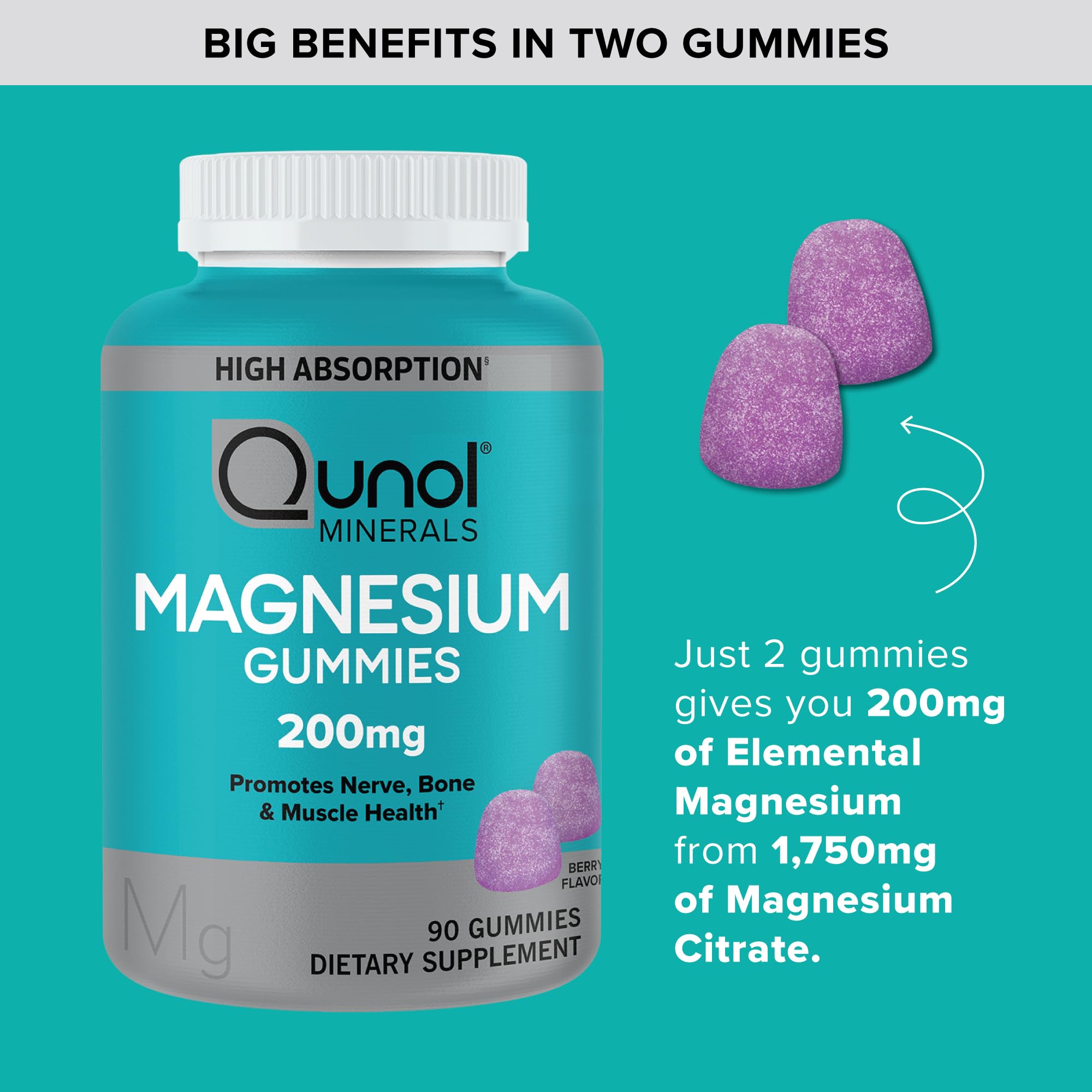 Qunol Magnesium Gummies for Adults, 200mg Elemental Magnesium (from 1,750mg Magnesium Citrate), High Absorption Magnesium Supplement, Supports Nerve, Bone and Muscle Health, Vegetarian, 90 Count QunolBuy Supplements Australia