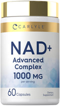 Supplement container labeled 'NAD+ Advanced Complex 1000 MG' by Carlyle on a white background.