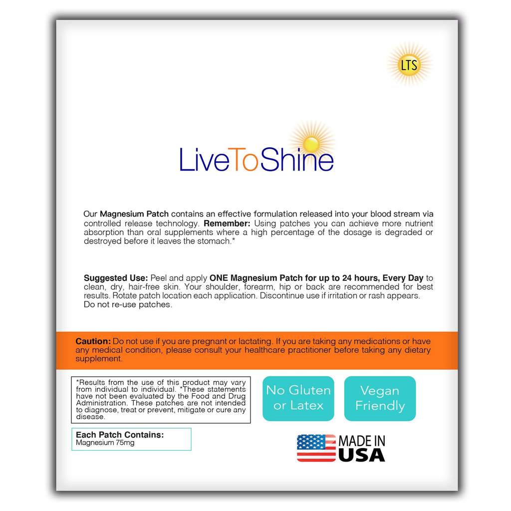 Magnesium Patches for Men and Women - Sleep Support & Relaxation, Muscle Recovery, Nerve Function - USA Made - 30 Premium Fast-Acting, Slow-Release Patches - Live To Shine Live To ShineBuy Supplements Australia