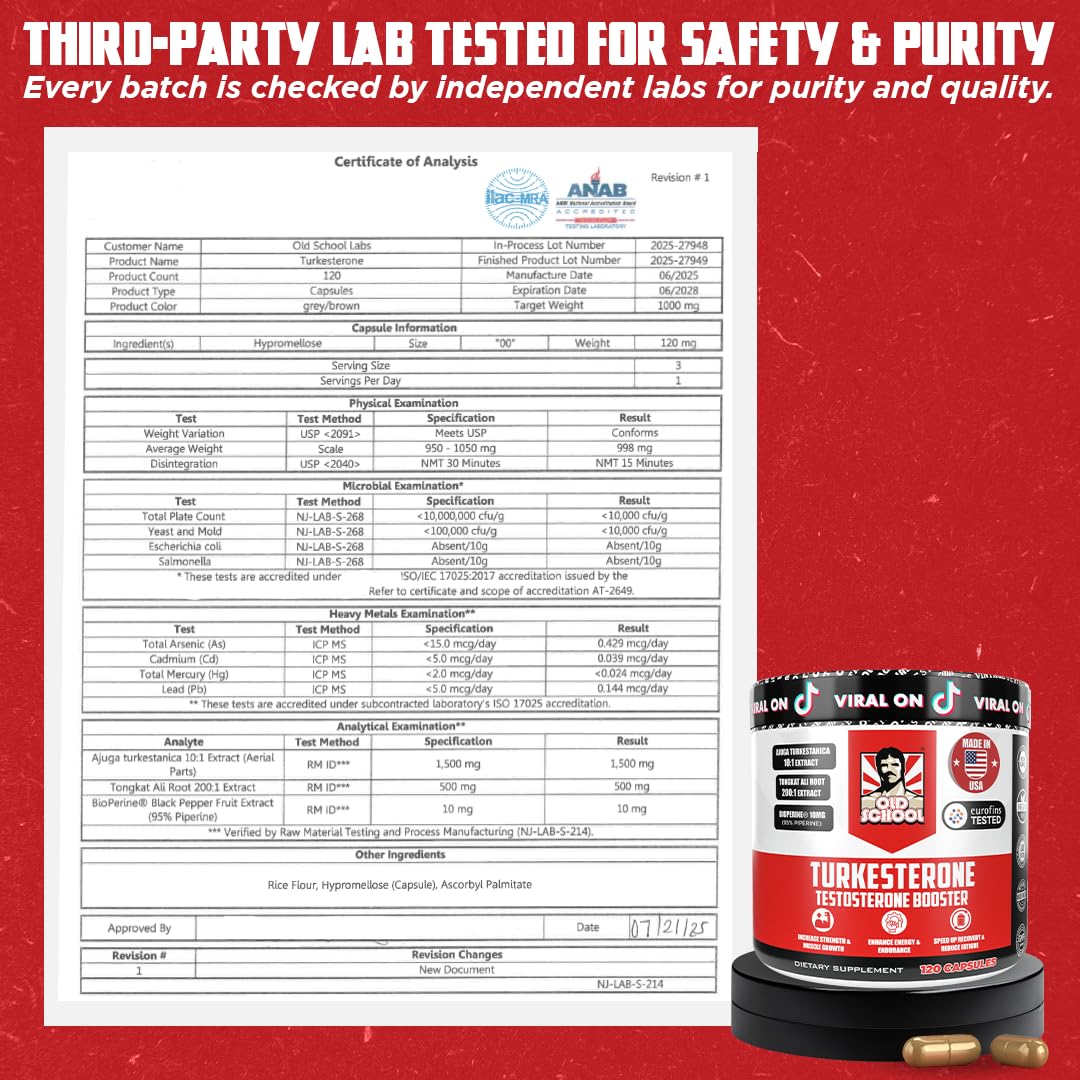Old School Labs  Supplement for Men – Max Potency Tongkat Ali with BioPerine® for Max Absorption, Supports Muscle, Strength, Recovery, Drive & Stamina – Turkesterone, 120 Capsules