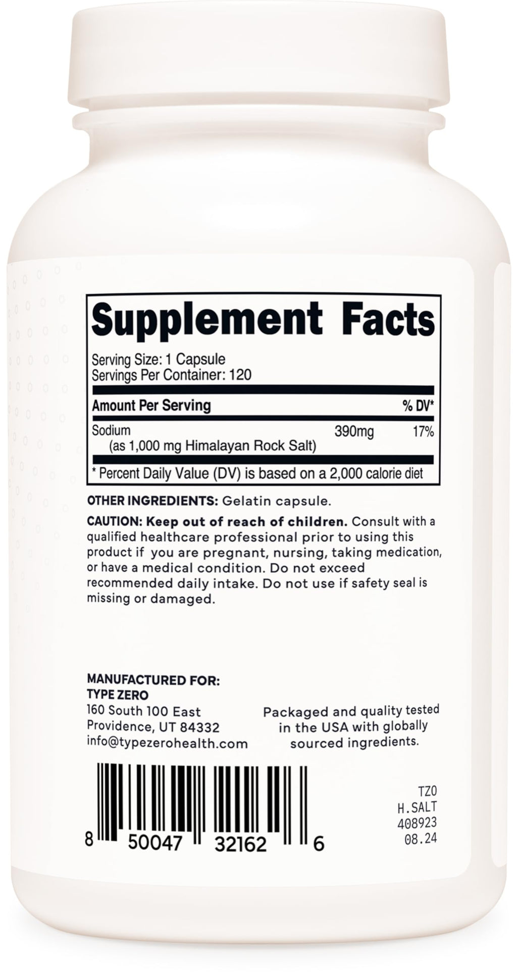 Type Zero Himalayan Rock Salt Capsules (120 Capsules) (1000mg per Serving) Type ZeroBuy Supplements Australia