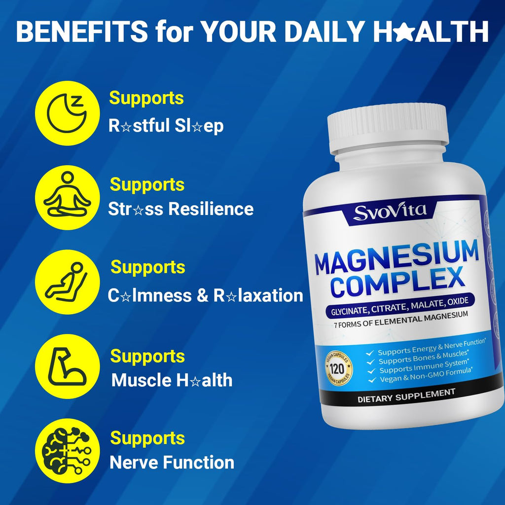 Magnesium Complex Supplement with 7 Forms of Magnesium Glycinate, Malate, Citrate & More, High Absorption for Bones, Muscle, Recovery, Energy, Vegan Non-GMO 120 Capsules Svovita buy supplements Au