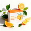 Box labeled 'Quick Immunity Boost' with oranges and leaves on a white background