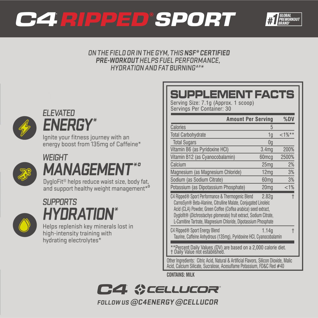 C4 Ripped Sport Pre Workout Powder Fruit Punch - NSF Certified for Sport + Sugar Free CellucorBuy Supplements Australia