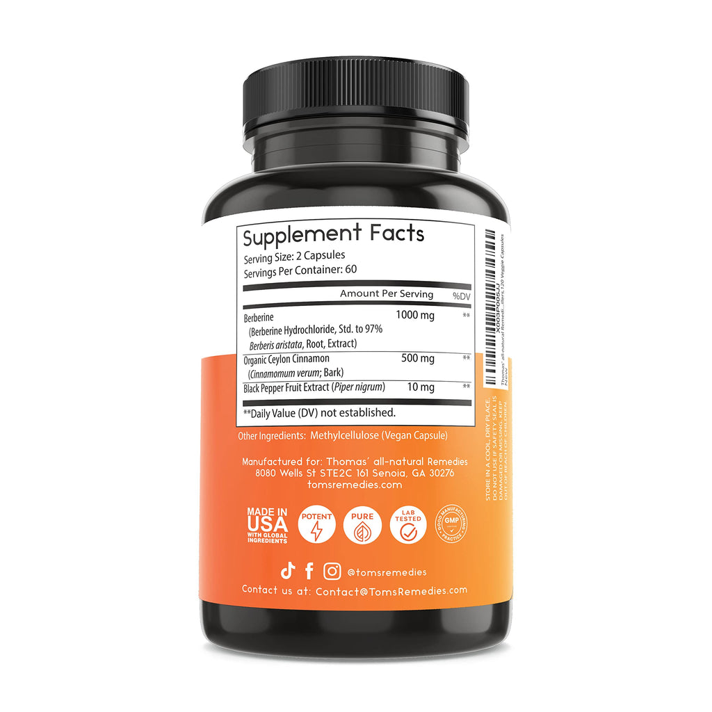 Thomas' all-natural Remedies Berberine 500mg (1000mg Per Serving)- 120 Vegan Capsules Thomas' all-natural RemediesBuy Supplements Australia