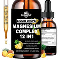 Bottle of Glowuuu Liquid Drops Magnesium Complex 12 in 1 supplement with dropper and pineapple graphics.