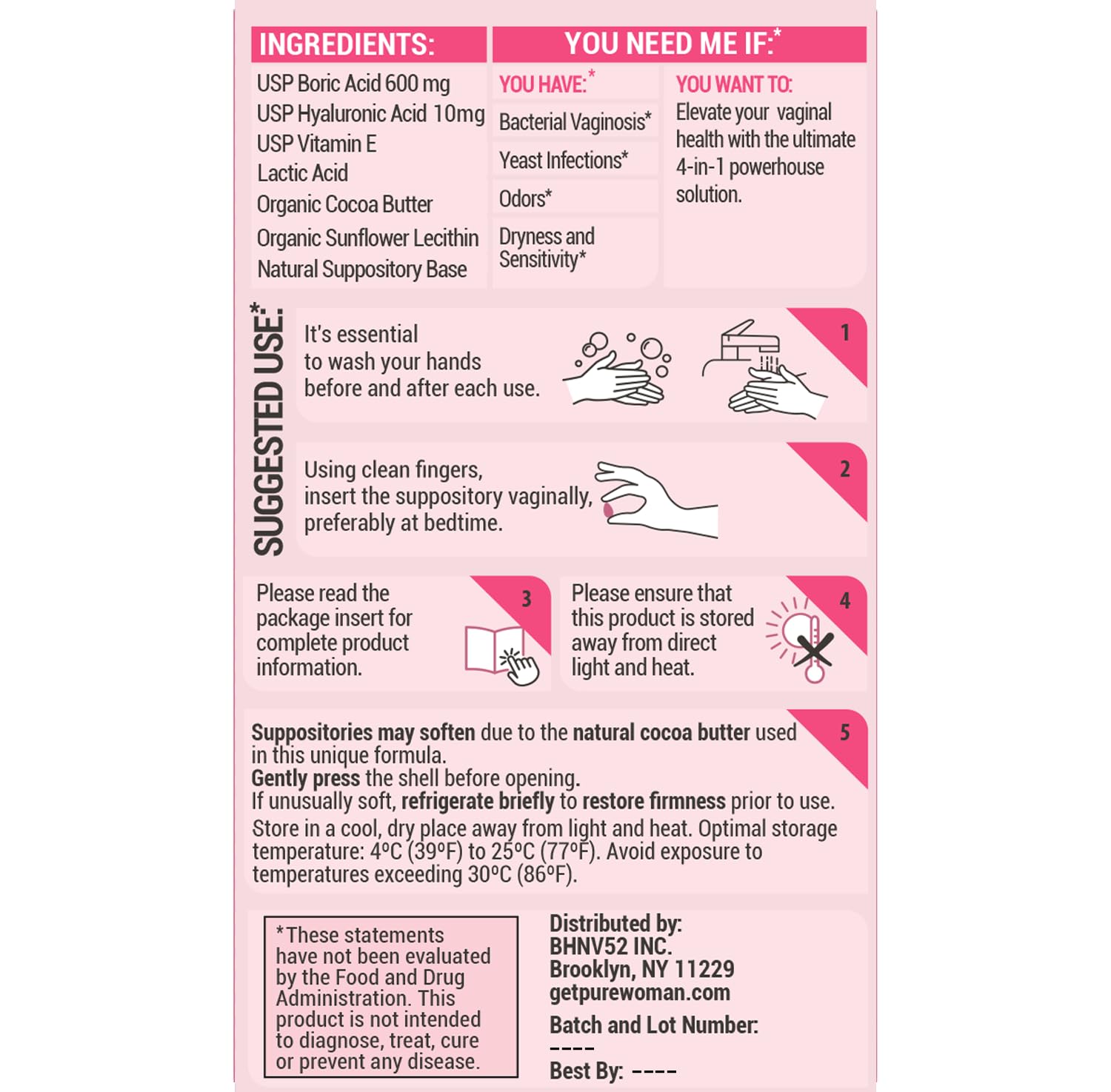 PURE WOMAN - pH-ighter Vaginal Boric Acid Suppositories for Women - Hyaluronic Acid - 4 in 1 Vaginal Suppositories for Discomfort, Dryness, Odor & pH Balance- Full Vaginal Health Care - 10ct PURE WOMANBuy Supplements Australia