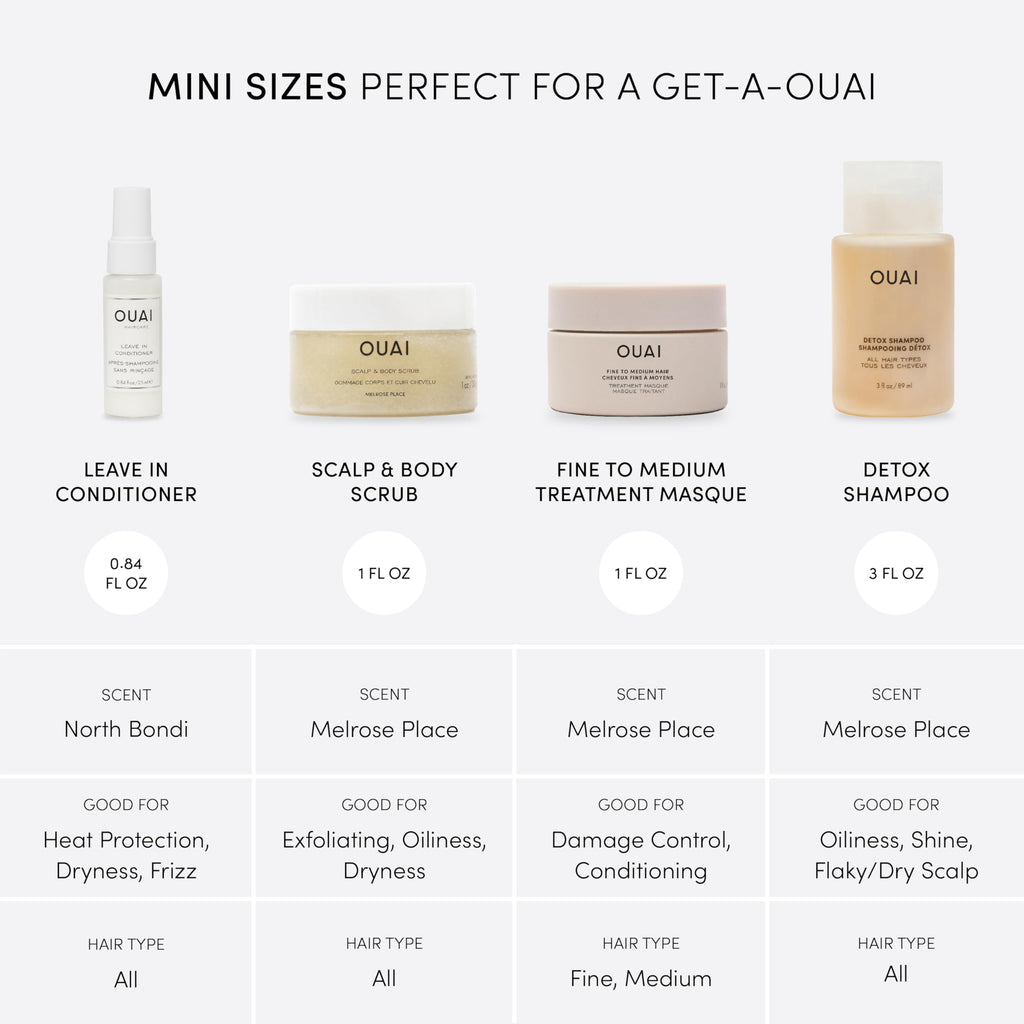 OUAI Travel Kit - Includes Travel Size Leave In Conditioner, Detox Shampoo, Fine to Medium Hair Mask, Scalp & Body Scrub (4 Count) OUAIBuy Supplements Australia