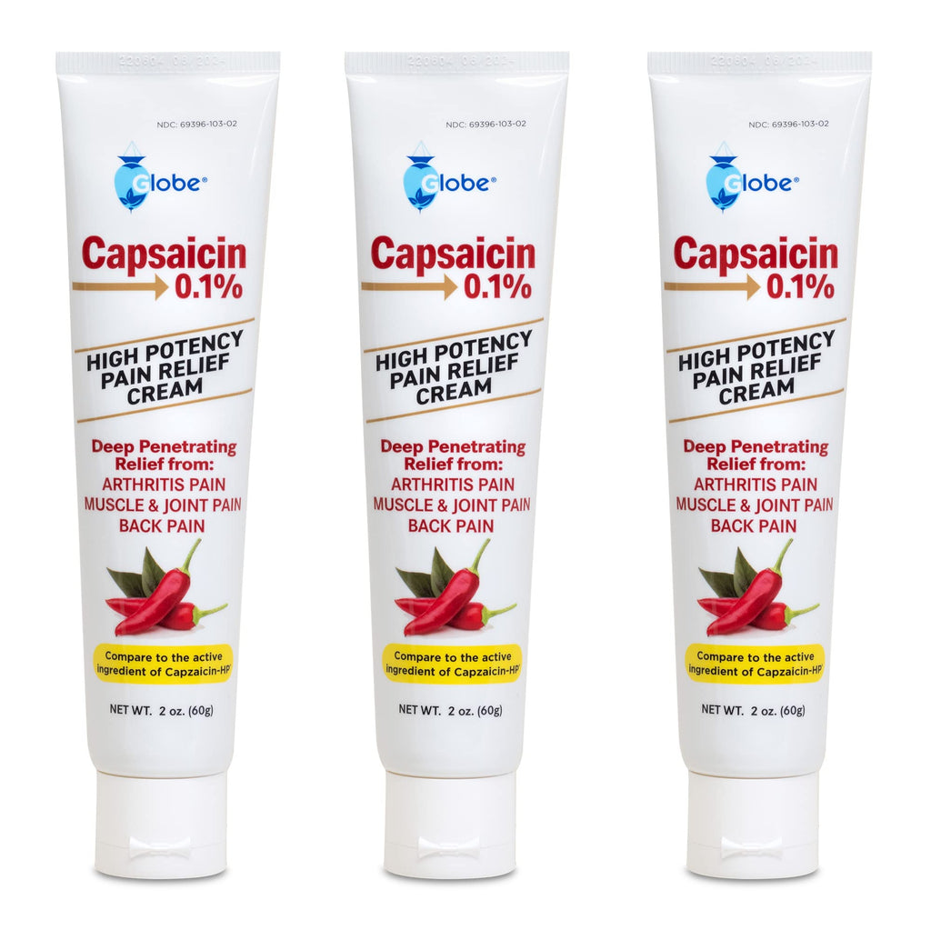 Globe (3 Pack) Capsaicin 0.1% High Potency Pain Relief Cream, Unscented (2 oz) Deep Penetrating Relief from: Arthritis, Muscle, Joint and Back Pain GlobeBuy Supplements Australia