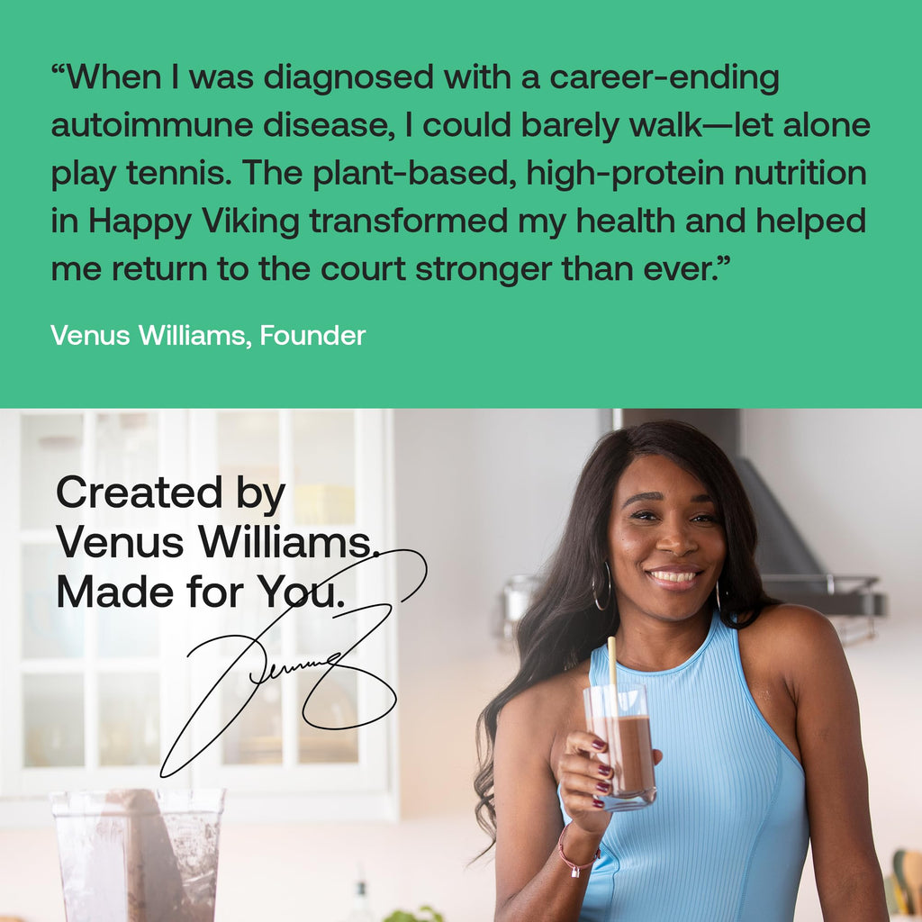 Happy Viking Plant-Based Protein Powder +100 Superfoods Chocolate Meal Replacement Shake, Created by Venus Williams, 30g Plant Protein, 10g Fiber, Vegan, Gluten-Free, Non-GMO,15 Meals