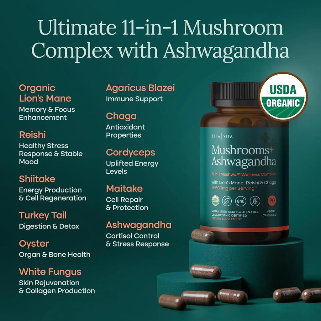 USDA Organic Lions Mane Supplement Capsules with Ashwagandha, Chaga, Reishi, Cordyceps, Turkey Tail (18,600mg/serv) 10x Adaptogenic Mushroom Complex as Focus Supplement - Energy, Immunity & Nootropic Etta VitaBuy Supplements Australia