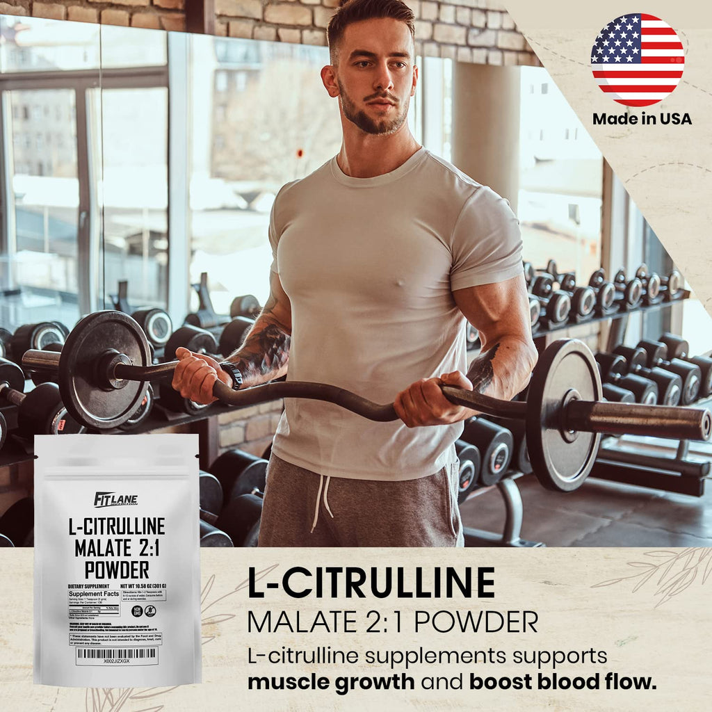 L Citrulline Malate 2 1 Powder 300 Grams - Bulk L Citrulline Powder - Free Form Amino Acid Pre Workout Supplement - Raw and Pure with no Additives by Fit Lane Nutrition.