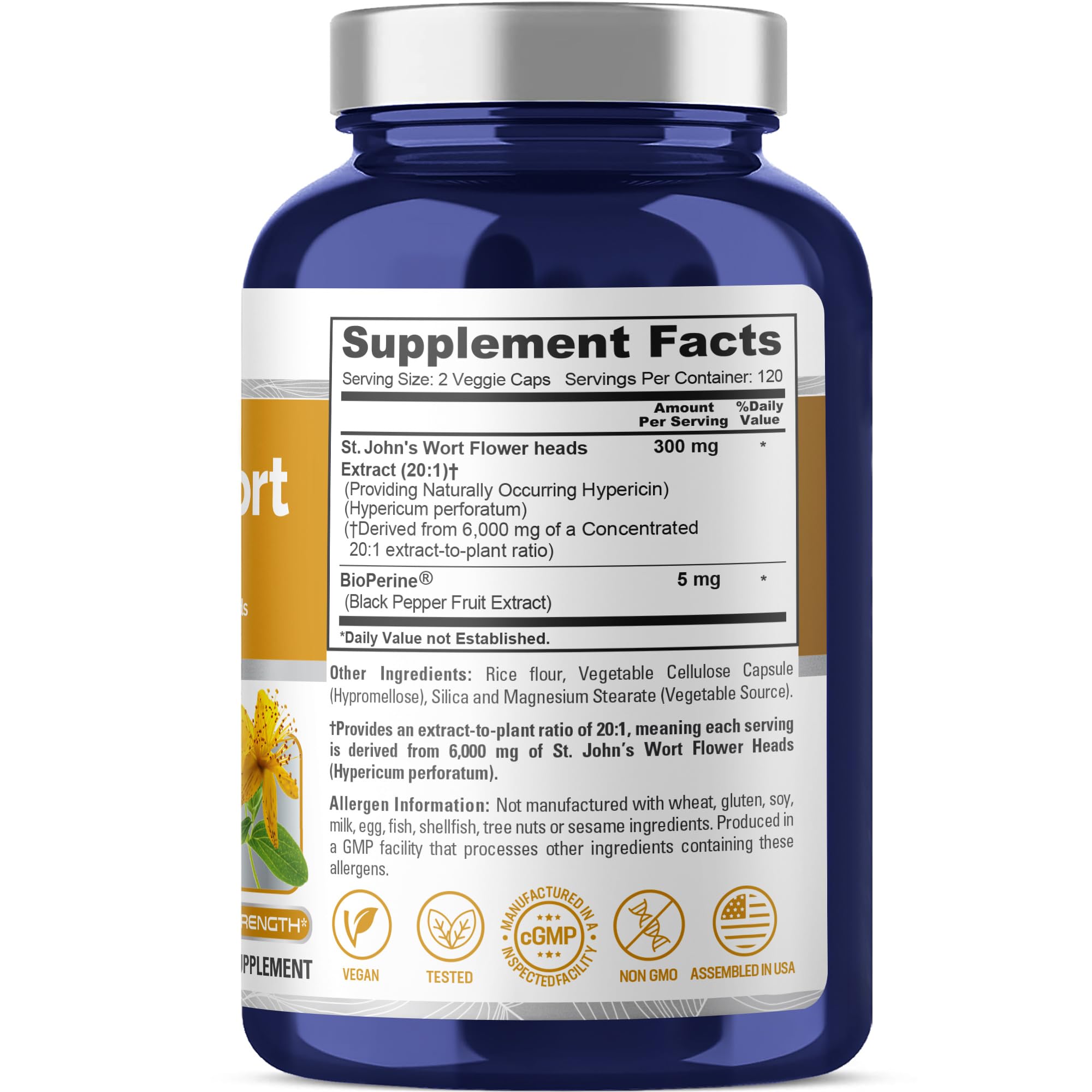 NusaPure St. John's Wort 20:1 Extract, 300 mg Equivalent to 6,000mg 240 Veggie Capsules (Vegetarian, Non-GMO & Vegan) Bioperine NusaPureBuy Supplements Australia