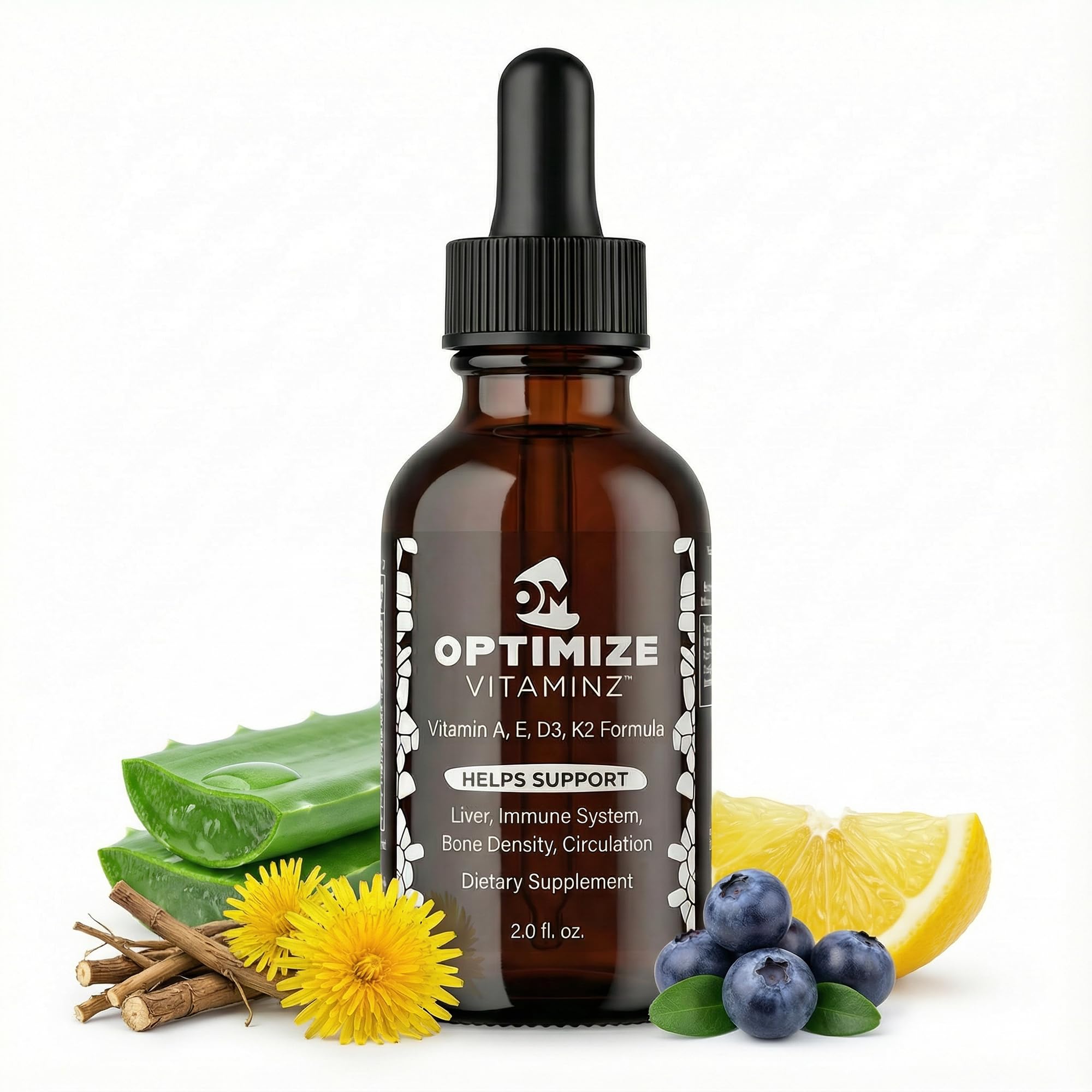 Optimize Vitaminz Liquid Vitamin D3 K2 Drops with Dandelion Root & Bilberry | Immune, Liver & Bone Support, MK-7 Formula, Fast Absorption Liquid Multivitamin, 30 Day Supply, 2 Fl Oz Optimize MineralsBuy Supplements Australia
