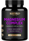 Supplement bottle labeled 'Magnesium Complex' by Nurturly Nutrition on a white background