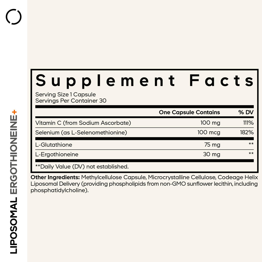 Codeage Liposomal Ergothioneine+ Supplement - L-Ergothioneine, L-Glutathione, Vitamin C, Selenium, Phospholipid Complex - Healthy Aging & Antioxidant - Vegan, Non-GMO, Soy-Free – 30 Capsules CodeageBuy Supplements Australia