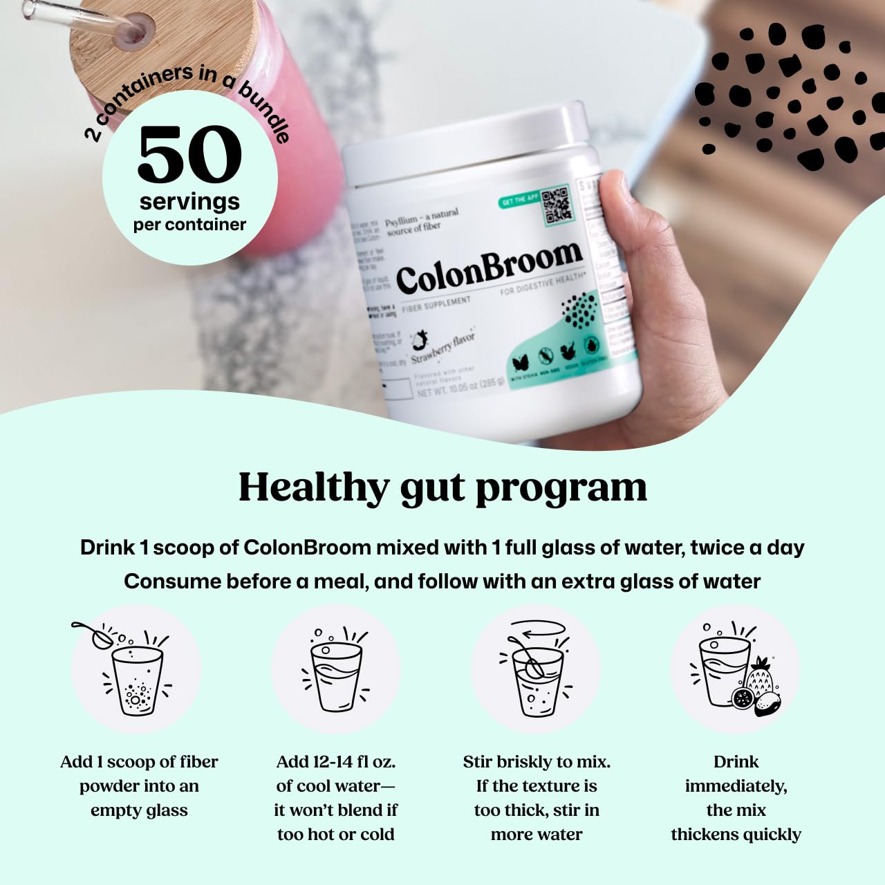 ColonBroom Psyllium Husk Powder - Colon Cleanse for Bloating Relief & Gut Health - Fiber Powder Drink - Easy to Mix - Vegan, Gluten Free, Non-GMO - Strawberry (100 Servings) ColonBroomBuy Supplements Australia