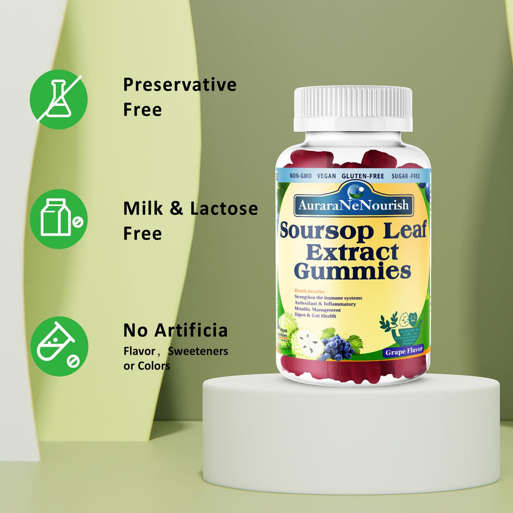 AuraraNeNourish Sugar Free Soursop Gummies with Probiotics & Fiber 100 Billion CFUs, Organic Soursop Leave Extract with Vitamin C B-Complex for Digestive Gut Health, Energy Balance, Immune Boost AuraraNeNourishBuy Supplements Australia