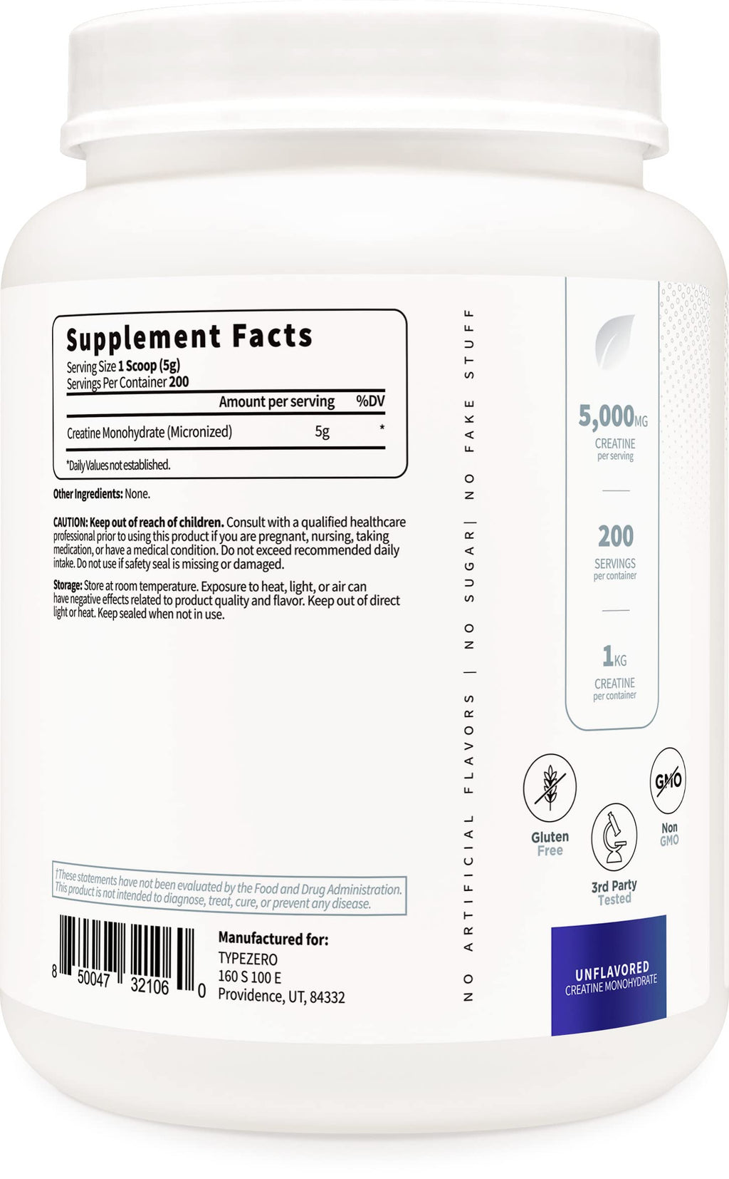 Type Zero Creatine Monohydrate (Unflavored) 1 KG, 5000mg (5g) Per Serving, Micronized, Zero Sugar, Keto Friendly & Gluten Free, 200 Servings Type ZeroBuy Supplements Australia