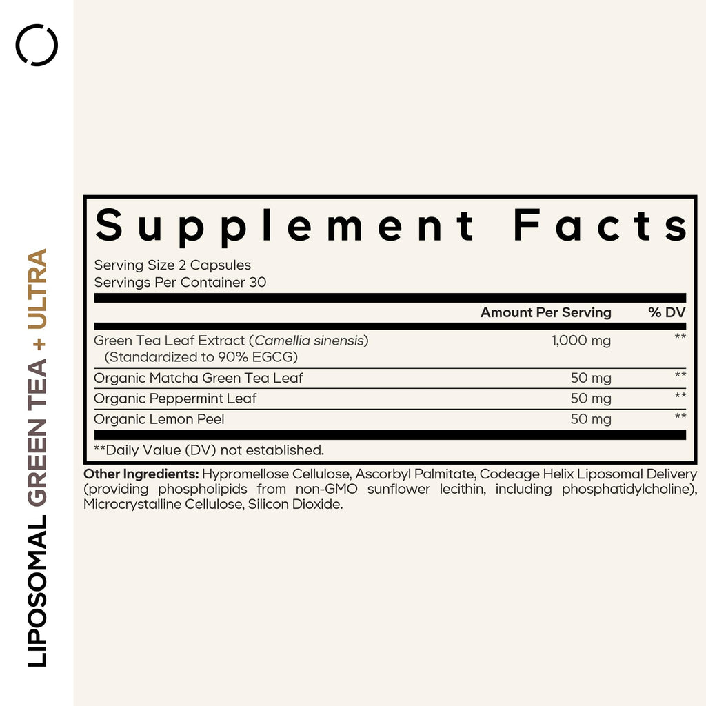 Codeage Liposomal Green Tea+ Ultra Potency - EGCG 90% Green Tea Extract, Organic Matcha Green Powder, Peppermint, Lemon Peel - Vegan, Non-GMO, Gluten-Free - Liposomal Delivery - 60 Capsules CodeageBuy Supplements Australia