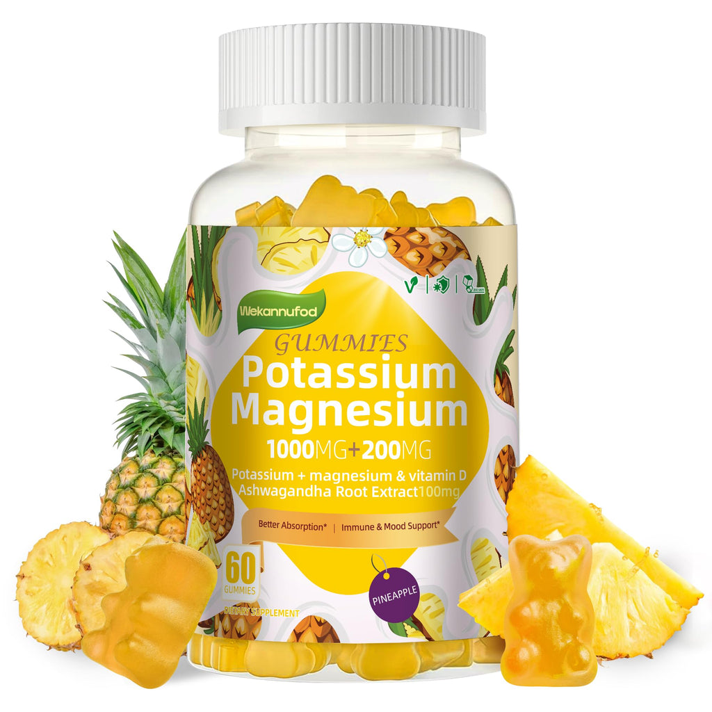 Potassium Magnesium Gummies,High Absorption Magnesium Glycinate,B6,D3,Potassium Citrate for Leg Cramps,Muscle,Electroyte for Adults Kids,Sugar-Free, 60 Gummies (Pineapple) WekannufodBuy Supplements Australia