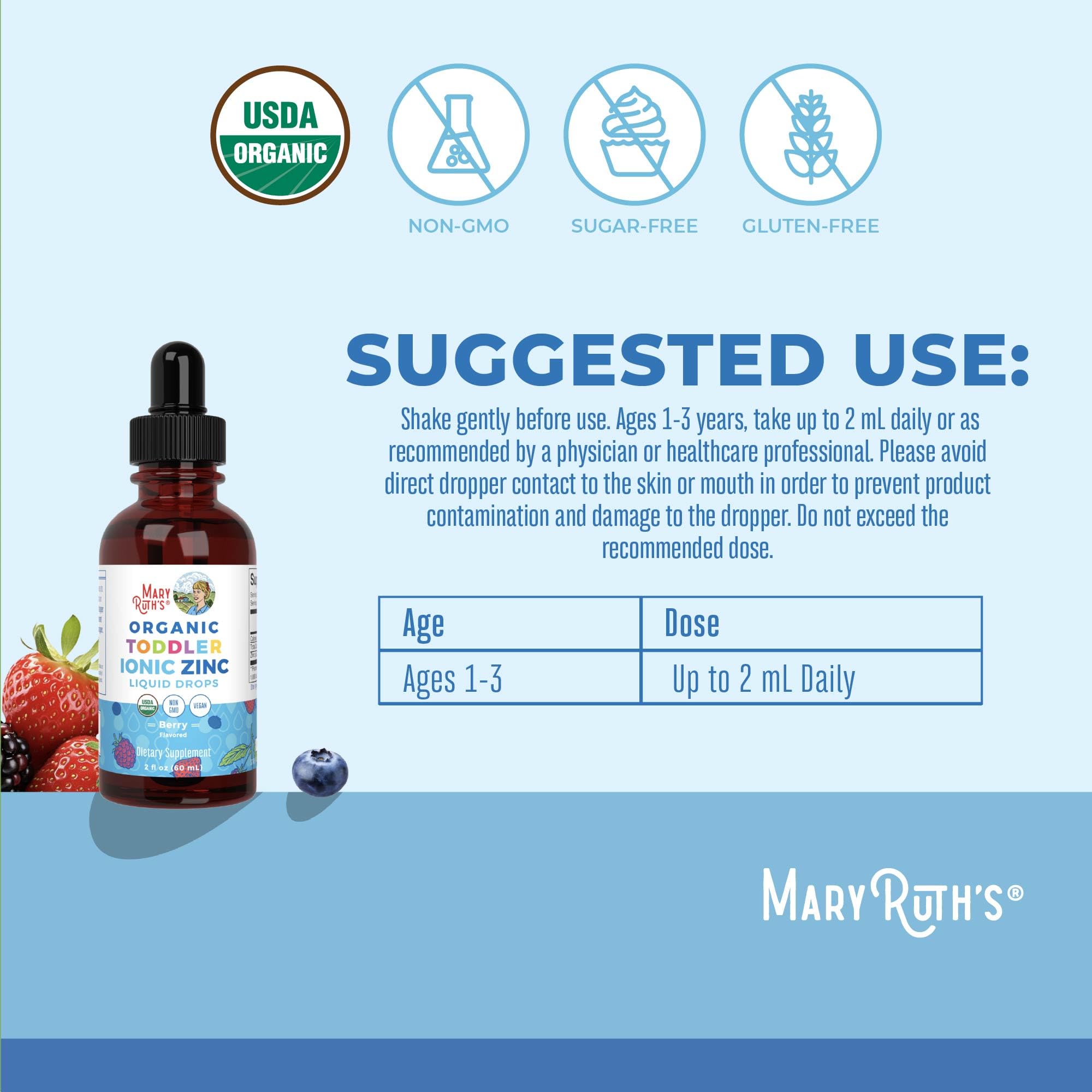 MaryRuth Organics USDA Toddler Liquid Drops | Zinc Sulfate | Immune Support Supplement| Skin Health | Vegan | Formulated for Ages 1-3 | Delicious Berry Flavor | 1 Month Supply | 2 Fl Oz MARYRUTH'SBuy Supplements Australia