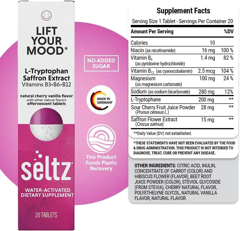 Seltz® Lift Your Mood – Effervescent Vitamins for Mood Support & Energy with L-Tryptophan, Saffron Extract & B Vitamins (B3, B6, B12) SeltzBuy Supplements Australia