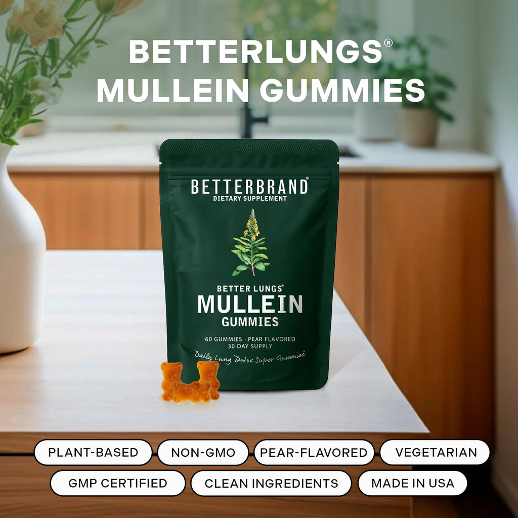 Betterbrand Mullein Chewable Gummies for Lung Cleanse and Detox, Respiratory Health Supplement, 1000mg Mullein Extract per Serving, 60 Gummies