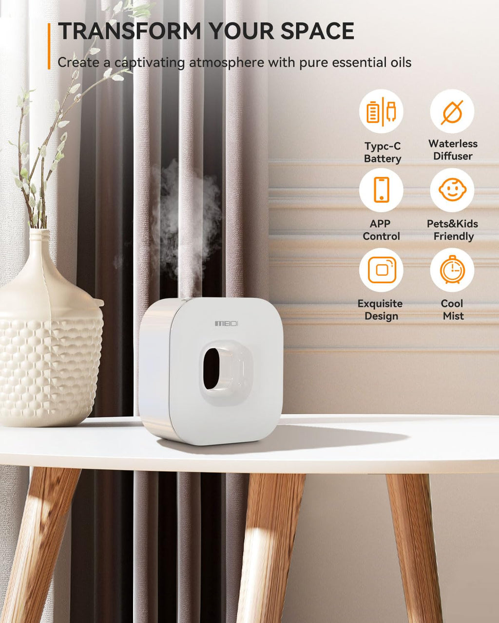 MEIDI Waterless Essential Oil Diffuser - Bluetooth Cordless Aromatherapy Diffuser with App Control MEIDIBuy Supplements Australia