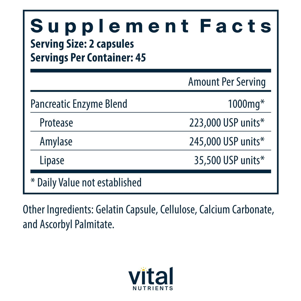 Vital Nutrients Pancreatic Enzymes 1000mg (Full Strength) - Pancreatin Digestion Supplement with Protease, Amylase & Lipase - Digestive Enzymes