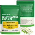 Two packages of Liposomal Nicotinamide Riboside with Resveratrol dietary supplements on a white background.