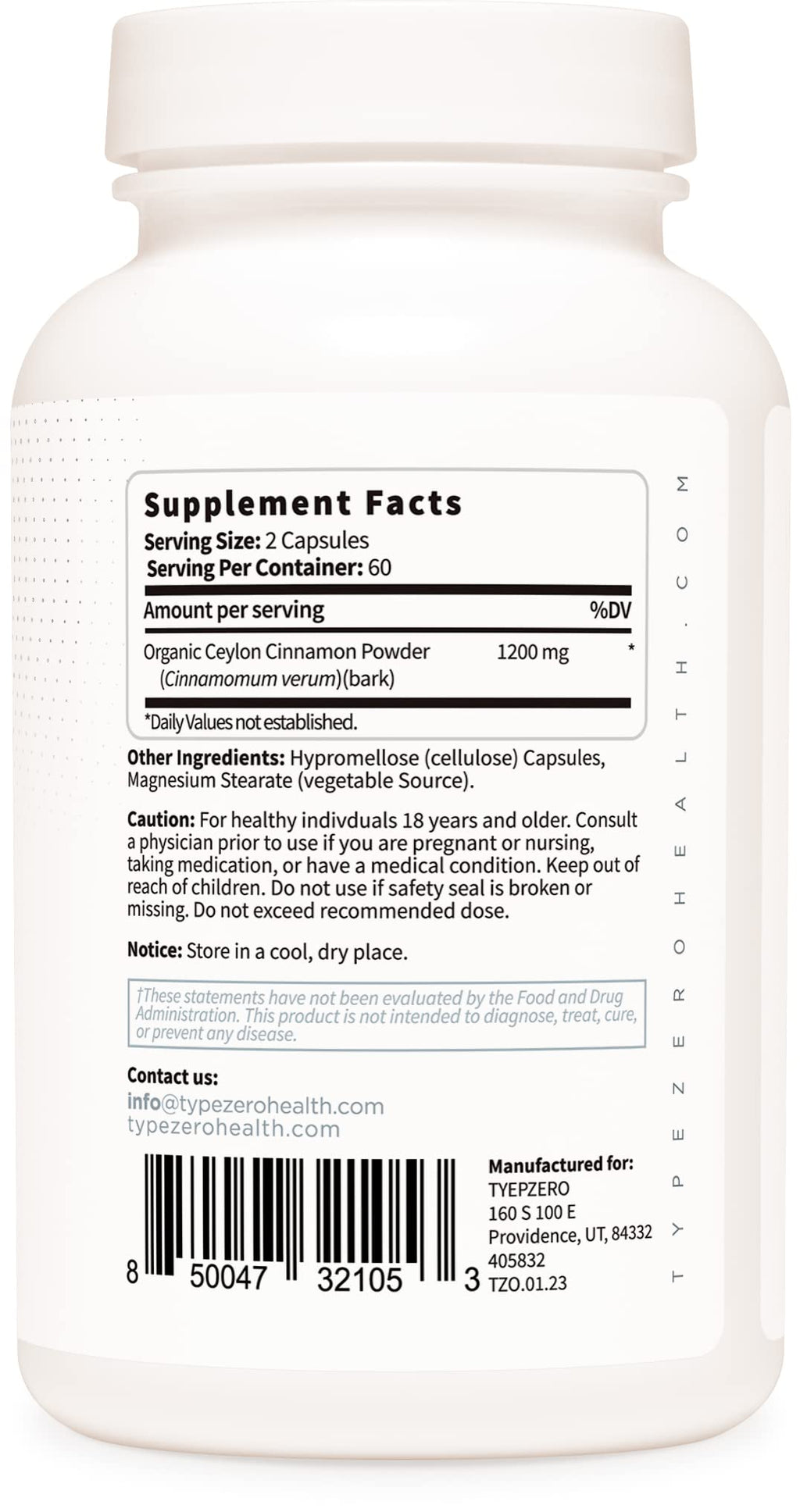 Type Zero Ceylon Cinnamon Capsules (1200mg | 120 Capsules) - Natural, Non-GMO, Gluten Free, Organic Cinnamon Bark Supplement Type ZeroBuy Supplements Australia