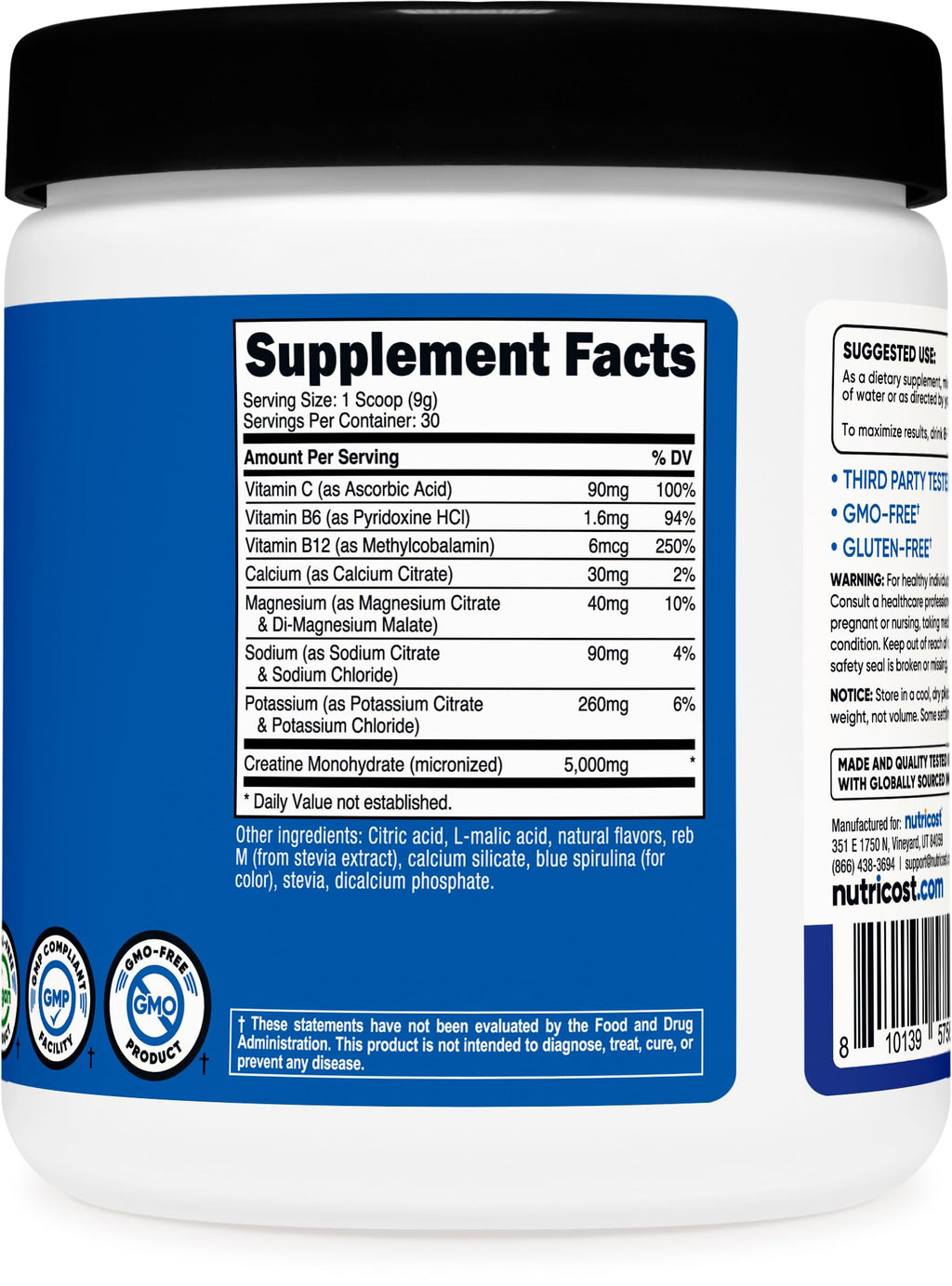 Nutricost Creatine Monohydrate + Hydration Blue Raspberry Flavored (30 Servings) - 7 Vitamins & Minerals, 5000mg of Creatine Per Serving NutricostBuy Supplements Australia