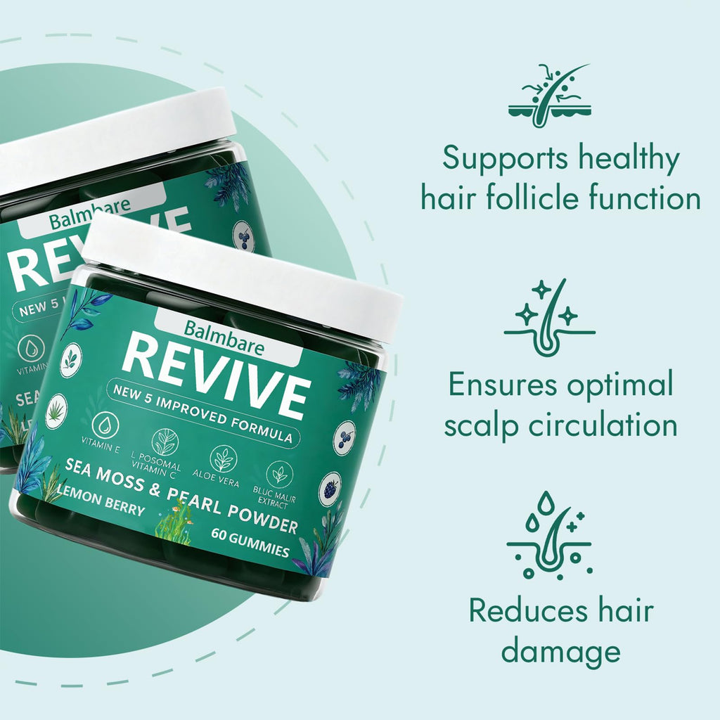 Balmbare Revive Gummies for Hair Loss, with Organic Irish Sea Moss Pearl Powder, Vitamins C & E, Aloe Vera - Supports Healthy Hair, Skin & Nails Growth (1pcs) ReviveNerveBuy Supplements Australia