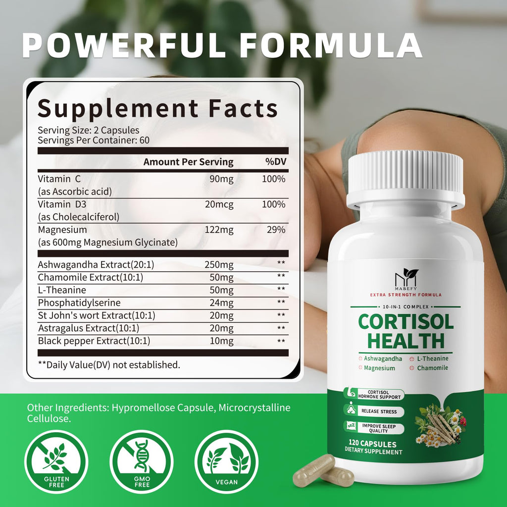 MABEFY Cortisol Supplements for Women/Men - 10 in 1 Cortisol Manager Reducer Lower Detox Balance with Magnesium, Ashwagandha, L-Theanine for Stress, Sleep, Calm, Mood Support - 60 Capsules for 30 Days MABEFYBuy Supplements Australia