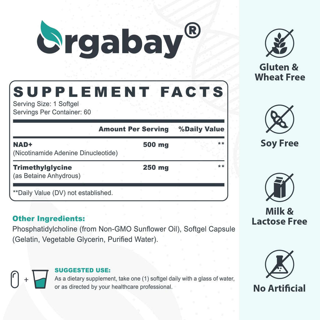 Orgabay Liposomal NAD+ Supplement 500 mg, High Absorption, Boost NAD+ with TMG 250 mg, Actual NAD Plus More Efficient Than Nicotinamide Riboside, Support Cellular Energy, Healthy Aging | 180 Softgels OrgabayBuy Supplements Australia