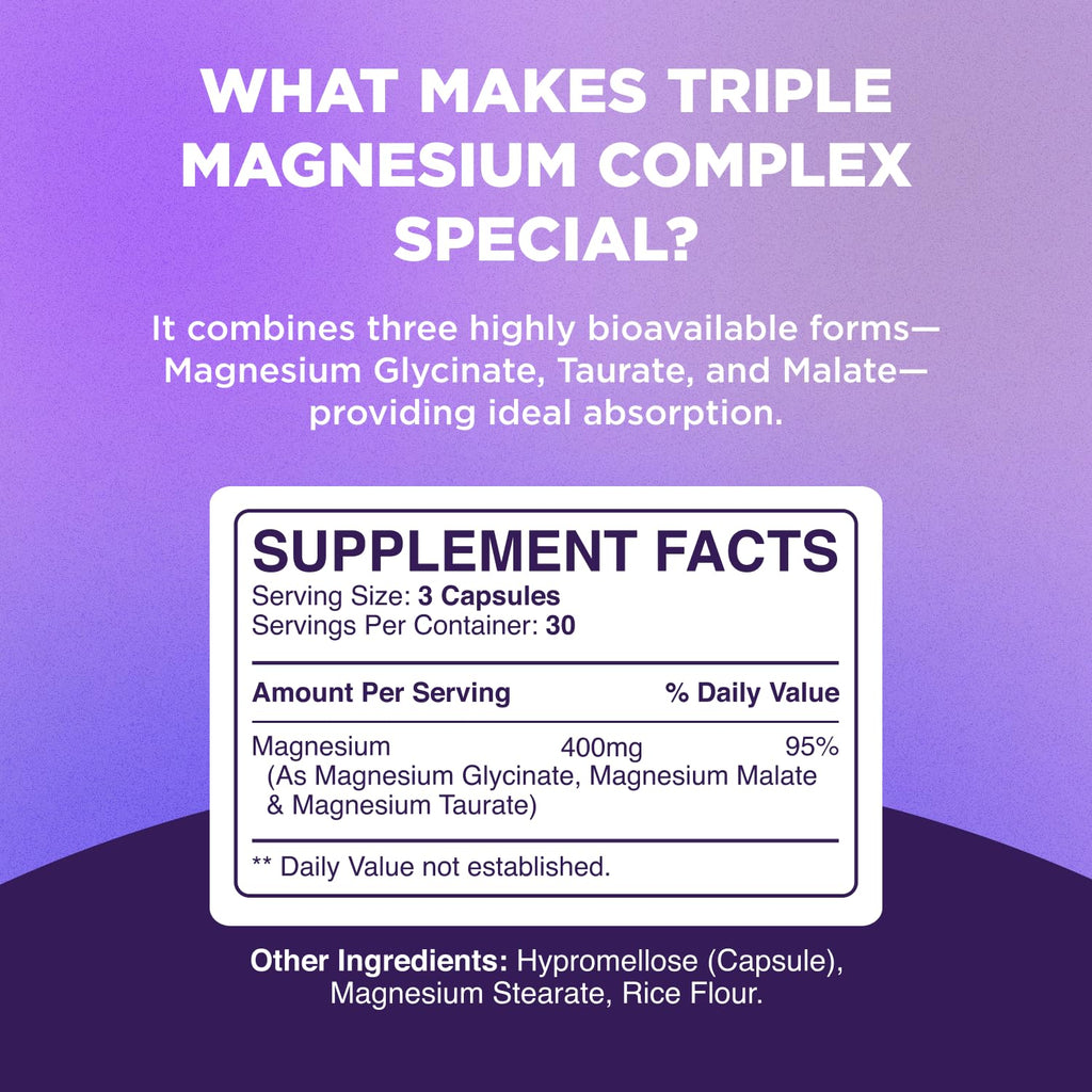 Highly Potent Magnesium Complex Capsules - Triple Magnesium Blend with Taurate Glycinate and Malate - 400mg Supplement Supports Relaxation & Overall Wellness Non-GMO Vegan - 90 Count PhytoralBuy Supplements Australia