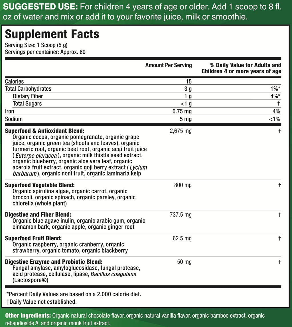 Feel Great USDA Organic Super Greens Powder for Kids - Cocao Chocolate | Fruit & Veggie Supplement | Superfood Powder with Probiotics & Digestive Enzymes for Digestive Health | 60 Days Supply The Feel Great Vitamin CompanyBuy Supplements Australia