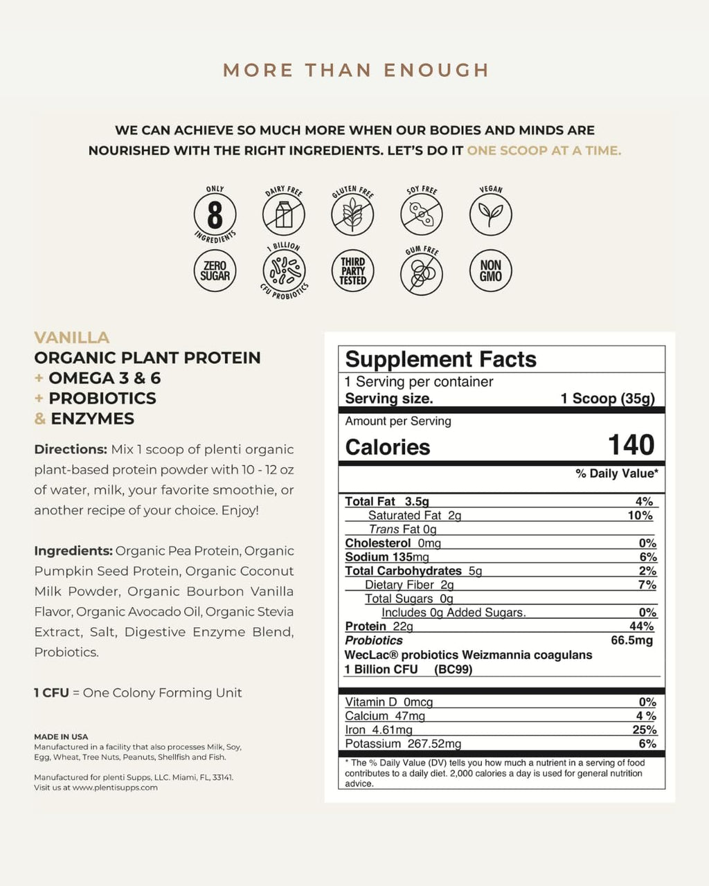 plenti Organic Plant-Based Protein Powder: Vanilla - 20g Pea Protein + Probiotics, Digestive Enzymes & Omega 3-6, Gut Friendly, Sugar Free, 27 Servings (2 lbs) plentiBuy Supplements Australia