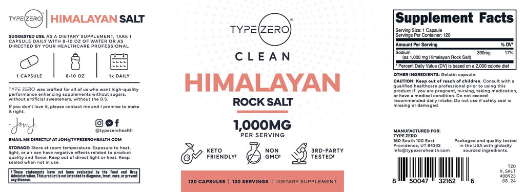 Type Zero Himalayan Rock Salt Capsules (120 Capsules) (1000mg per Serving) Type ZeroBuy Supplements Australia