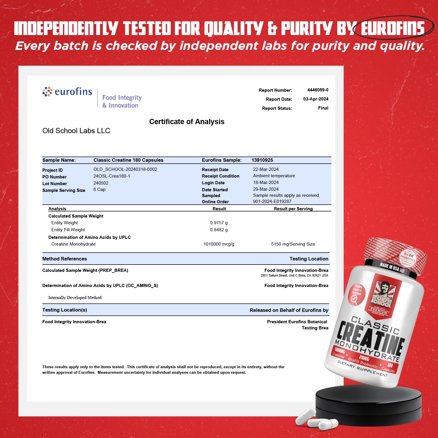 Old School Labs 5000mg Creatine Monohydrate Capsules With BioFit™ (Max Strength) Supports Muscle Growth & Recovery, Performance, Cognitive Health - Creatine Pills for Men & Women, Made in USA 180 Caps Old School LabsBuy Supplements Australia