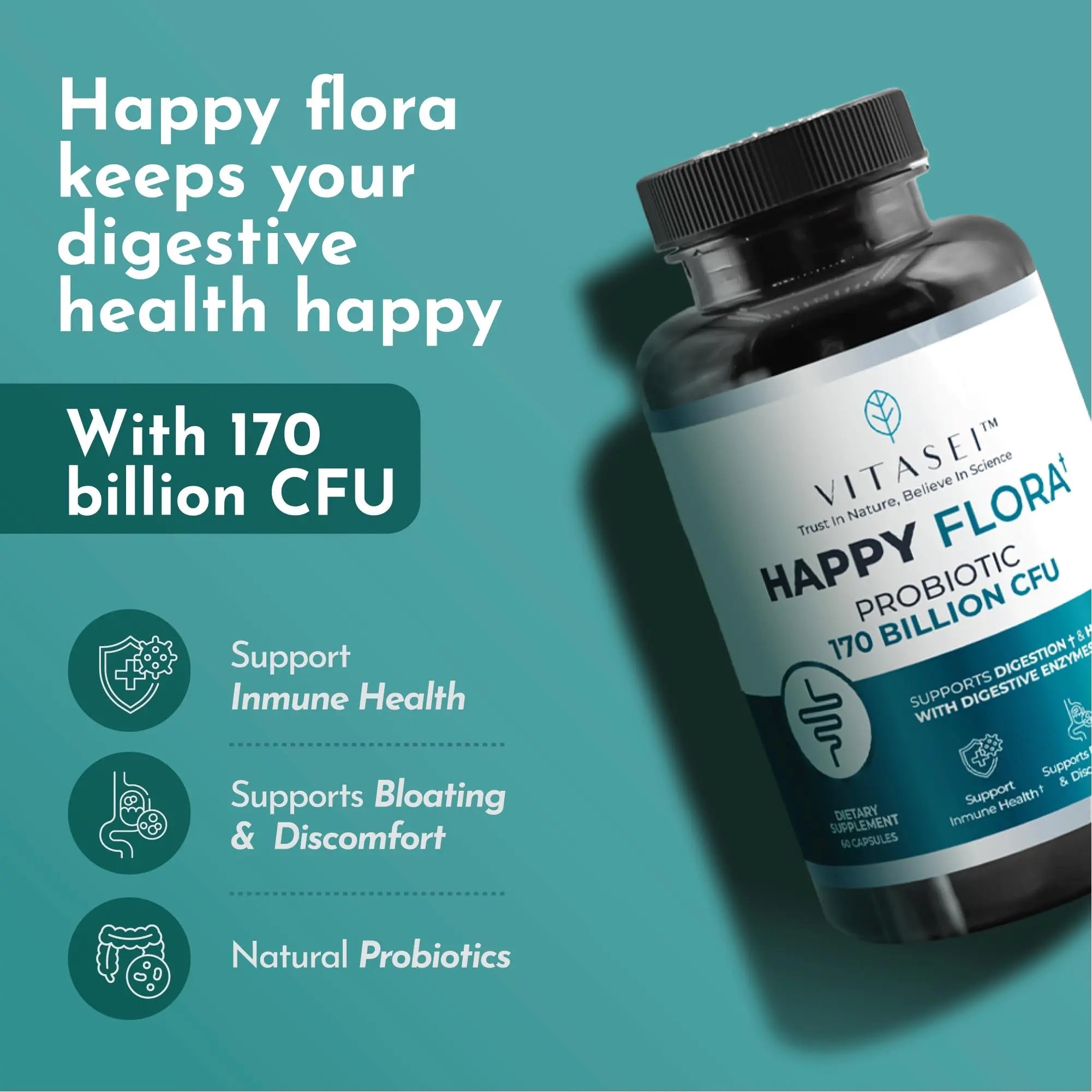 VITASEI Happy Flora, Probiotic Supplement 170 Billion CFU for a Healthy Gut Health with enzymes for Digestion, probiotics for Women and Men, 1 Bottle - 60 Capsules VITASEIBuy Supplements Australia