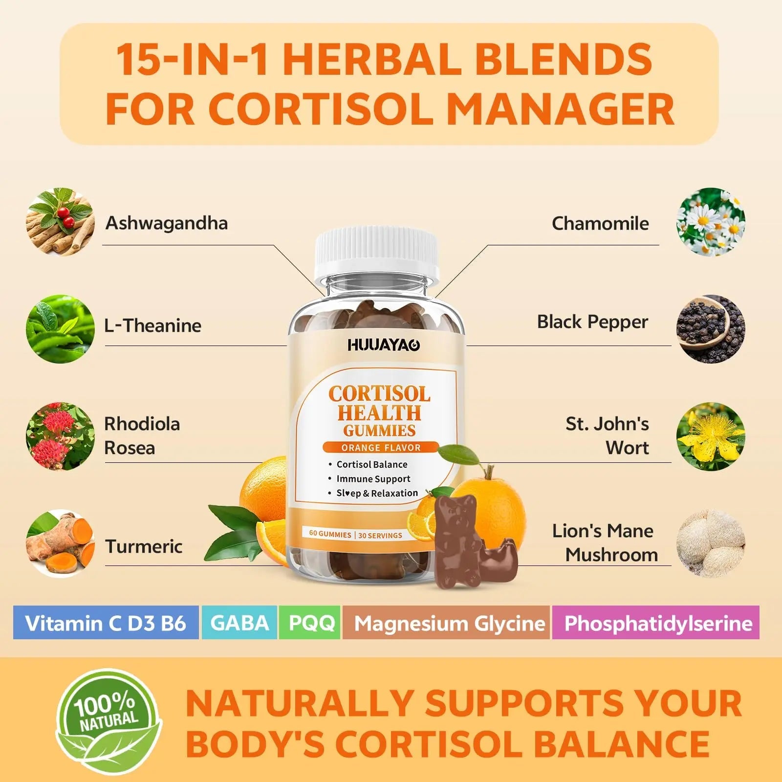 15-in-1 Cortisol Gummies, Cortisol Supplements with Magnesium Glycinate Ashwagandha Rhodiola Rose and L-theanine Complex for Relaxation, Zzz Support and Cortisol Levels, Orange Flavor, 60 Count HUUAYAOBuy Supplements Australia