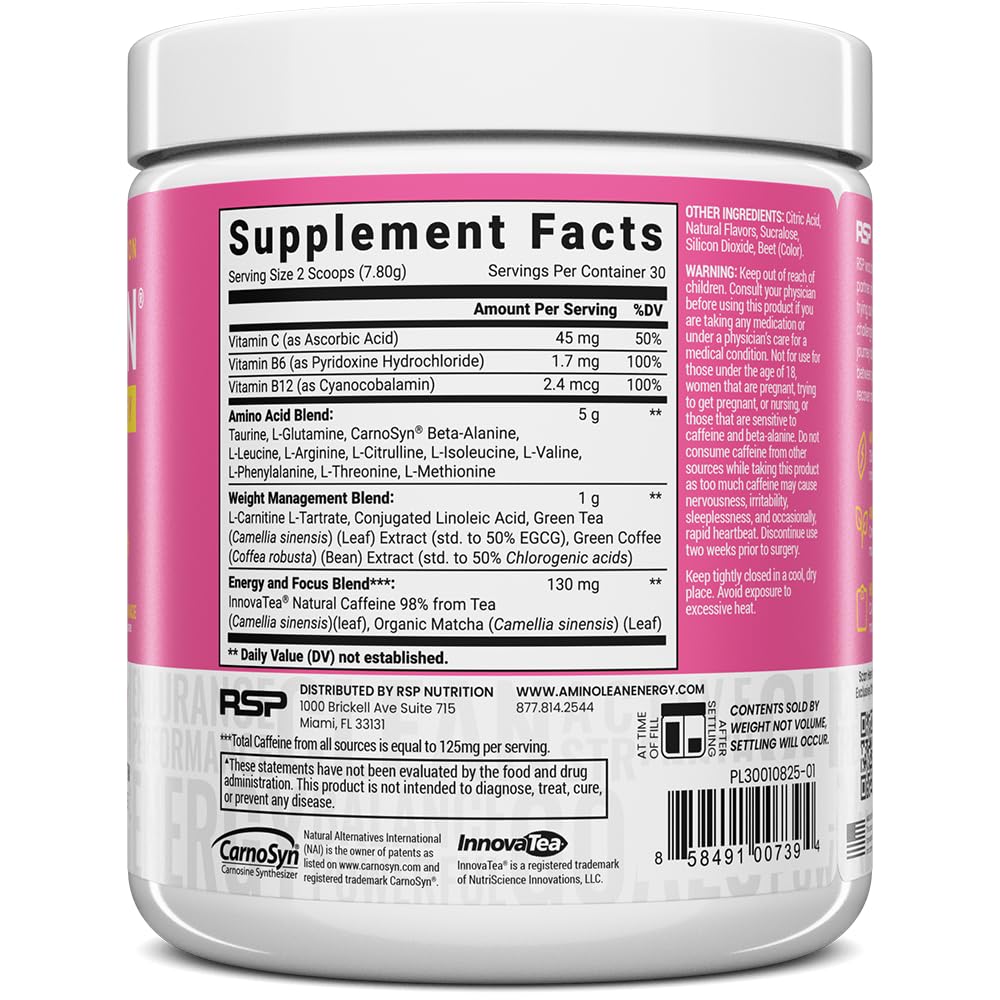 RSP NUTRITION AminoLean Pre Workout Powder, Amino Energy & Weight Management with Vegan BCAA Amino Acids, Natural Caffeine, Preworkout Boost for Men & Women, 30 Serv, Pink Lemonade…