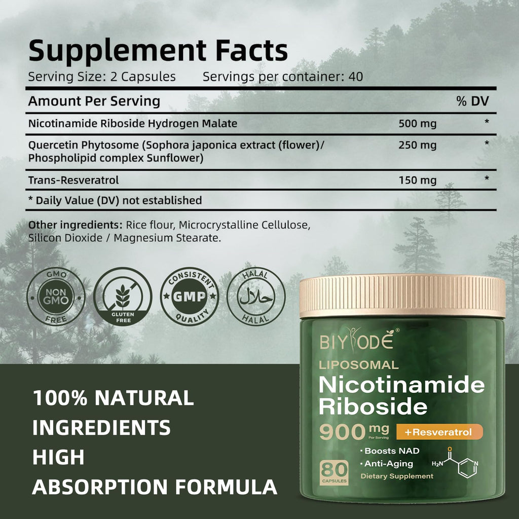 NAD Supplement with Liposomal Resveratrol – 900mg NAD Booster with Quercetin Phytosome for Energy, Focus & Healthy Aging – Cellular Support for Adults 30+ – 80 Capsules, 40-Day Supply BIYODEBuy Supplements Australia